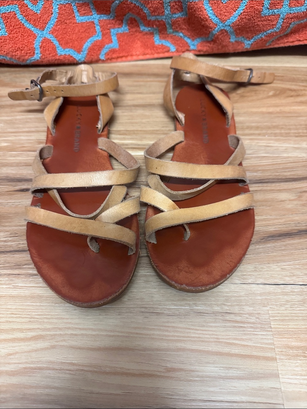 Lucky Brand Tan Strappy Leather Ankle Strap Sandals- Worn. As is no returns